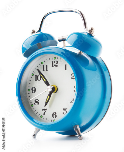 Blue alarm clock on white background