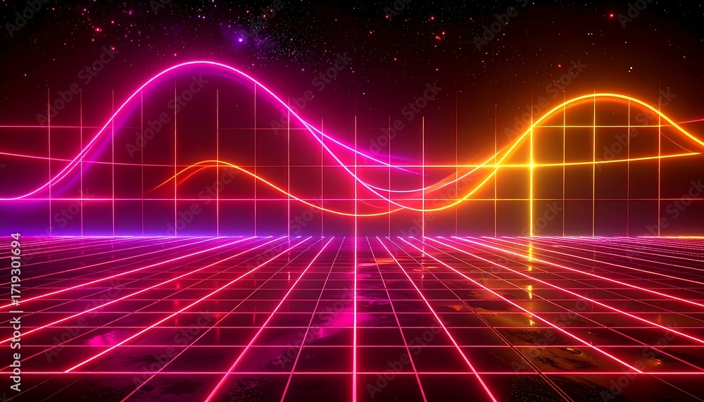 Fototapeta premium Neon grid, wavy lines, space