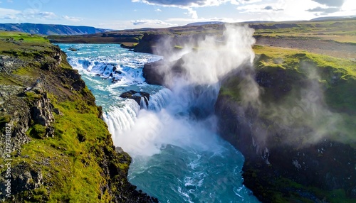 Fototapeta Naklejka Na Ścianę i Meble -  A breathtaking aerial view showcases a powerful waterfall cascading into a turquoise river, surrounded by lush greenery and rugged cliffs