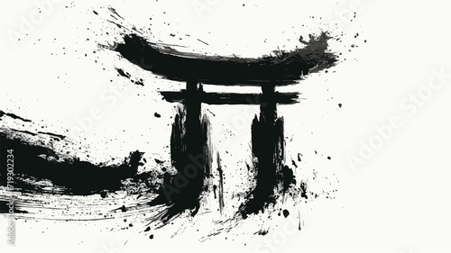 Japanese torii gate ink brush painting with grunge splatter art style on white background