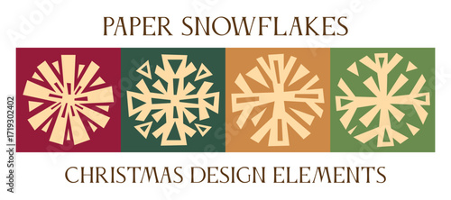Vector illustration of paper snowflakes in Christmas design style. Four decorative snowflake cutouts placed on colorful square backgrounds (red, green, orange, olive). 
