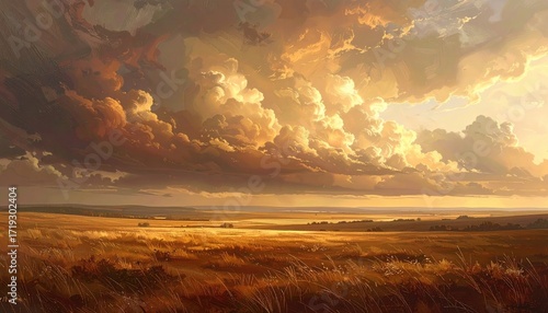 Golden fields stretch under a dramatic, cloudy sunset sky. Warm light illuminates the landscape in a painterly, impressionistic style