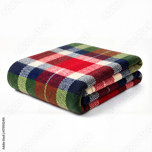 Warm plaid blanket folded on white background, copy space  