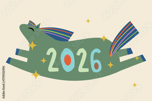 Flying Horse with 2026 on Body Vector Illustration. The horse features a vibrant rainbow mane and tail, surrounded by golden stars, symbolizing a cheerful new year theme.