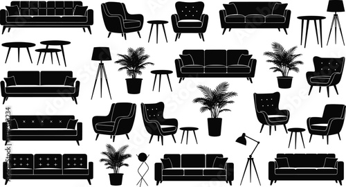 Modern furniture silhouettes, interior decor icons, stylish home elements, minimalist design set, vector illustration, potted plants, lamps, tables, chairs