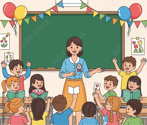 Happy Teacher with Students Celebrating World Teachers’ Day Illustration