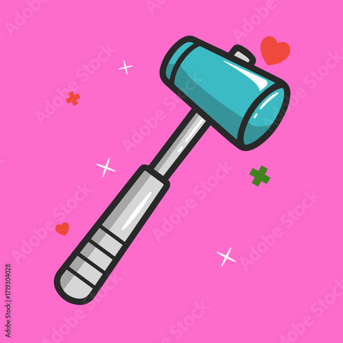 A medical reflex hammer, a standard neurological examination tool. The illustration features a hammer with a triangular rubber head and a long, slender handle