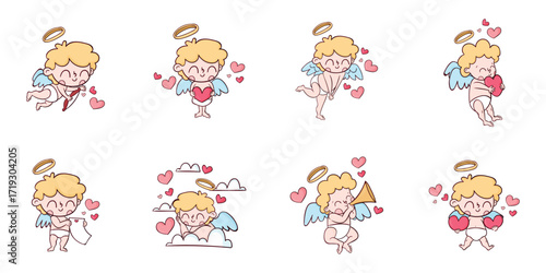 Vector set of cute colorful cupids stickers with hearts. Small angels with wings bow heart hunters fly in the sky. Sticker collection of various angels or cupids printable template 