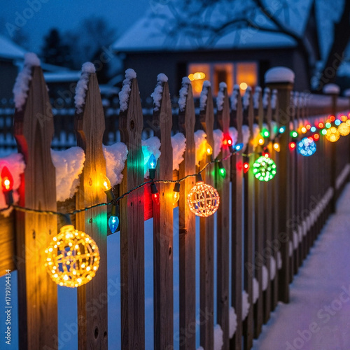 Holiday lights on fence illuminating snowy yard during winter evening  