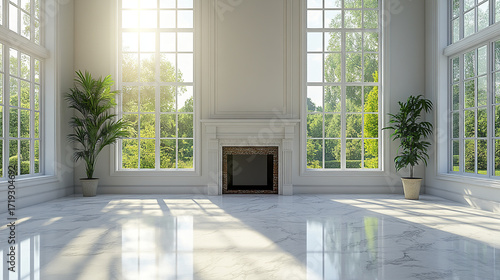 Large bright empty living room with fireplace and tall windows showing green trees outside, sunlight casting shadows on shiny marble floor creating peaceful atmosphere