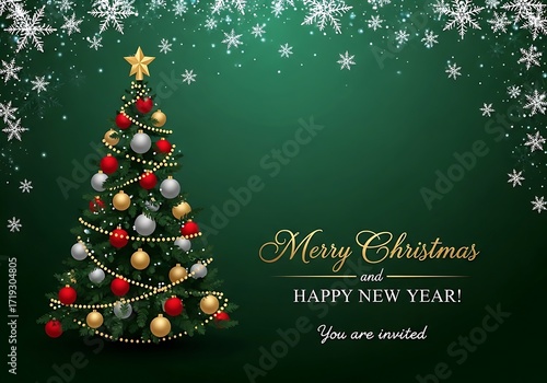 Festive christmas tree with ornaments on emerald green holiday invitation