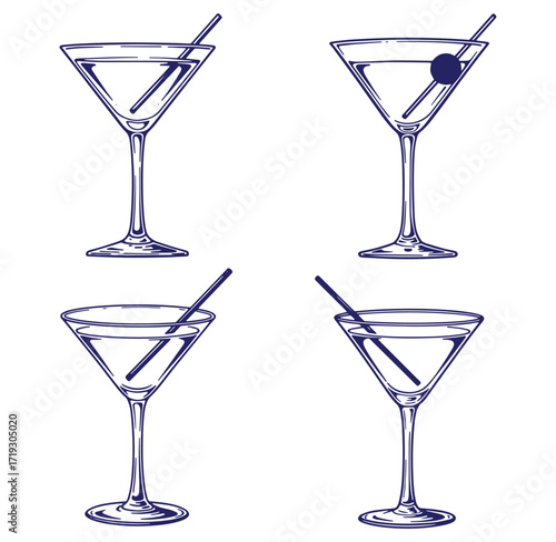 Elegant hand drawn martini cocktail glasses with variations and garnishes vector illustration