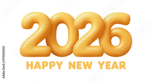 Happy New Year 2026, yellow realistic air inflated numbers-balloons.