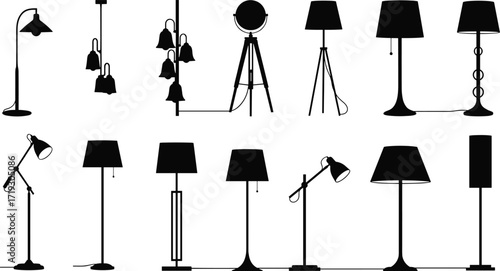 Modern lamp silhouettes, floor lamps, desk lamps, pendant lights, interior lighting, black icons, minimalist design, home decor, vector illustration, stylish shapes