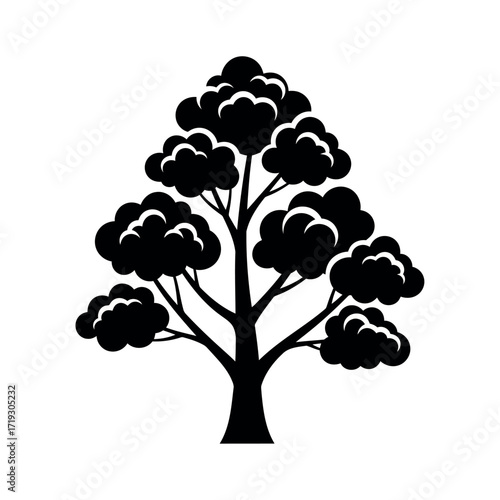 Vector illustration of stylized silhouette of a deciduous tree with a thick trunk and branching limbs