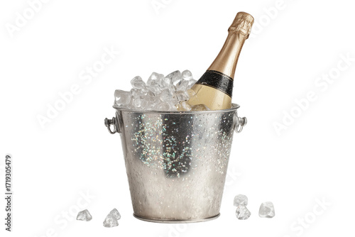A Happy New Year champagne bucket with ice and sparkles, isolated on a transparent background.