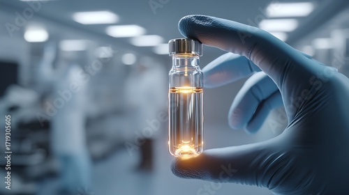 A medical researcher holding a transparent vial containing a glowing experimental solution in a lab.