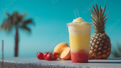 A pineapple smoothie in a clear cup with layers of tropical fruits in the background under a bright blue sky.