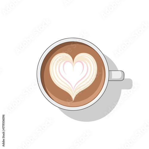 Latte with heart foam in white cup on plain background  