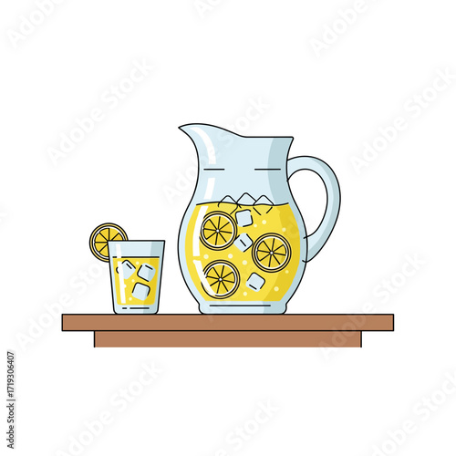 Lemonade pitcher and glass with slices of lemon on wooden table  
