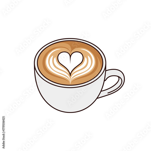 Latte with heart foam in white cup on a white background, copy space  