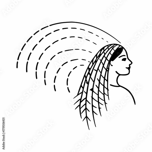 Minimilist illustration of a woman with braided hair and dashed arcs emanating from her head in black and white vector