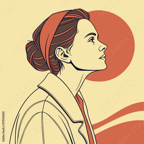 Minimilist illustration of a woman with a headscarf looking up against a background with a circle and waves vector
