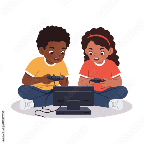 Two diverse children are intently sharing a fun gaming experience, sitting on the floor with a controller, both focused on the screen in a vibrant 2D flat vector illustration.