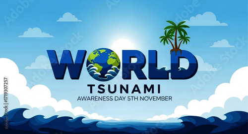 World Tsunami Awareness Day Illustration: Earth submerged in stylized ocean waves