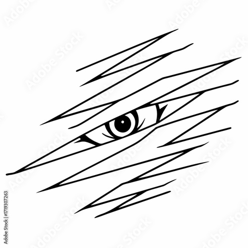 Minimilist single eye peeking through linear bandages in a black and white minimalist illustration design style vector