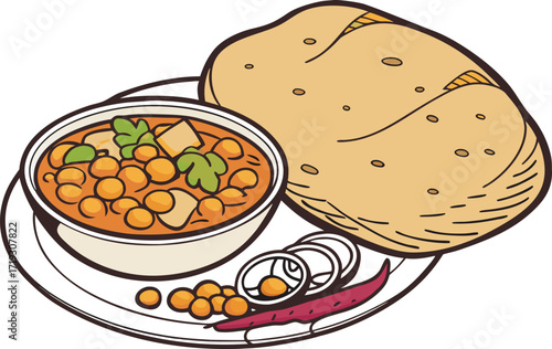 Chole Bhature Indian Food Illustration. Traditional Chole Bhature Dish Design. Delicious Chole Bhature Meal Clipart. Spicy Chole Bhature Food Illustration. Authentic Chole Bhature Snack Design Tasty