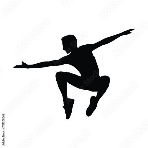 A striking, high-contrast silhouette of a man caught mid-jump, showcasing a powerful and athletic pose with arms outstretched for balance.