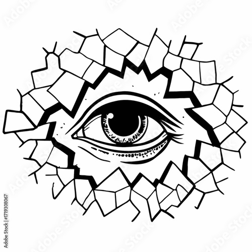 Minimilist eye surrounded by a cracked geometric pattern in black and white line art style illustration design element vector