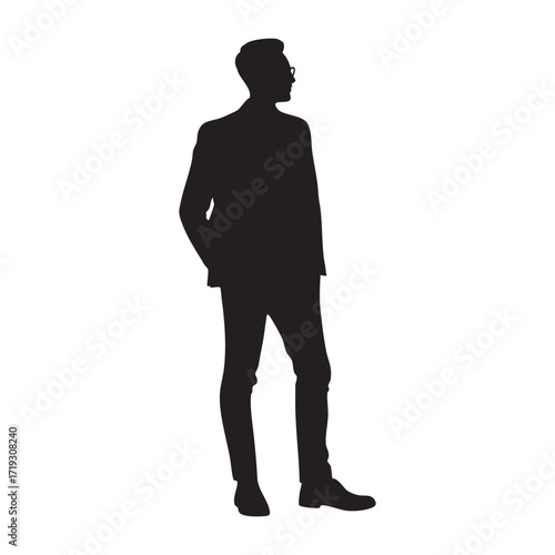 A silhouette of a confident man in a suit and glasses, with one hand in his pocket, symbolizing professionalism, success, and thoughtful contemplation.