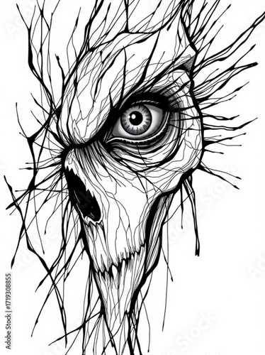 Minimilist detailed black and white drawing of a sinister skull with a piercing eye and branch like details vector