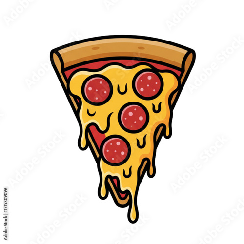 Stylized Flat Vector Illustration of a Single Pepperoni Pizza Slice with Dripping Cheese, Isolated on White