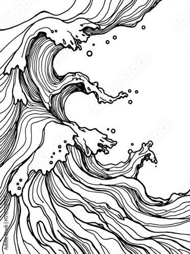Minimilist illustration of stylized ocean waves with line art and water droplets in black and white style design vector