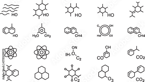 Black and white molecular structure icons set – abstract chemistry and science symbols for digital design