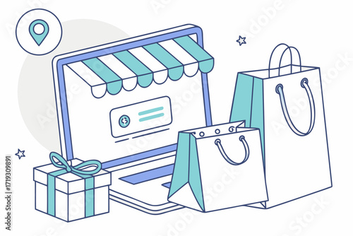 Laptop surrounded by shopping bags and packages representing online shopping concept 3d render illustration.