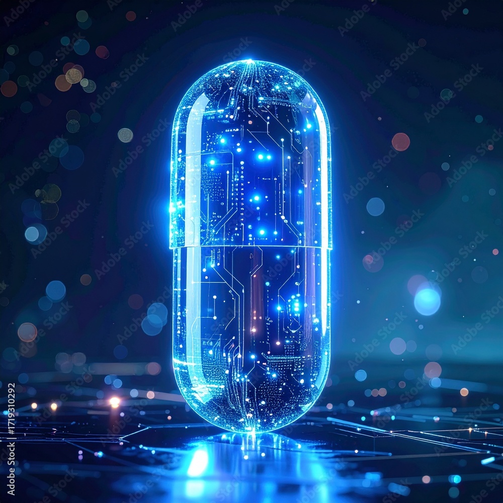 Obraz premium Futuristic concept of a glowing pill embedded with digital circuits representing advanced medicine or biotech.