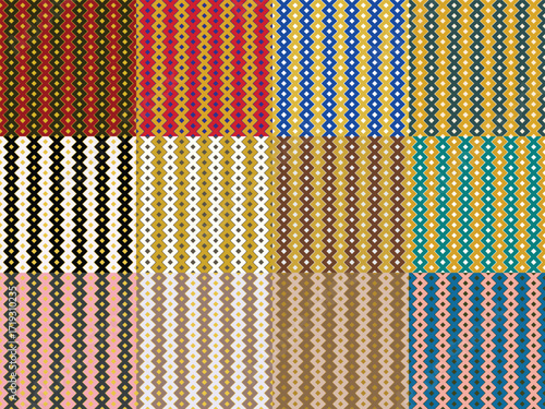 Vector seamless pattern set with ethnic-inspired geometric textile motifs. Ideal for fabric prints, wallpapers, backgrounds, and decorative digital or craft projects.