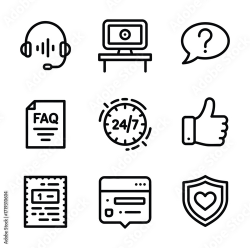 Headset computer question mark faq clock thumbs up ticket chat shield
