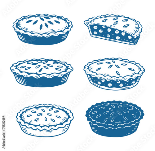 Hand drawn collection of blue ink vintage style apple pies on white background