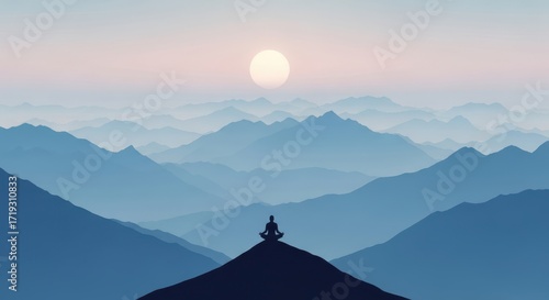 Serene Mountain Landscape With Meditating Figure At Sunrise