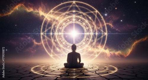 Meditating Figure Illuminated by a Cosmic Energy Circle