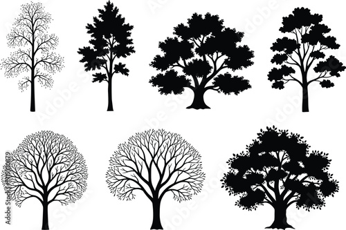 Tree silhouette collection, black vector trees, isolated forest elements, seasonal foliage, botanical clipart, editable nature design, landscape illustration, bare branches