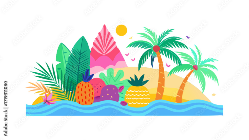 Fototapeta premium Tropical island vacation getaway with palm trees pineapples and ocean waves summer paradise drawing