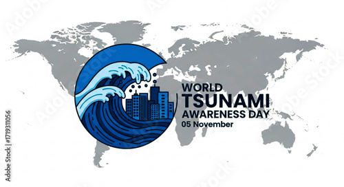 World Tsunami Awareness Day Illustration with Wave and Cityscape Graphic