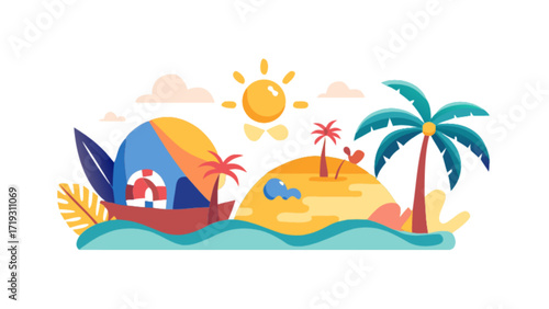 Tropical island vacation getaway with boat palm trees sun and ocean vector illustration design