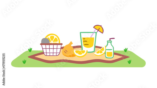 Illustration of summer picnic with lemonade, lemon slices, basket and umbrella for graphic design